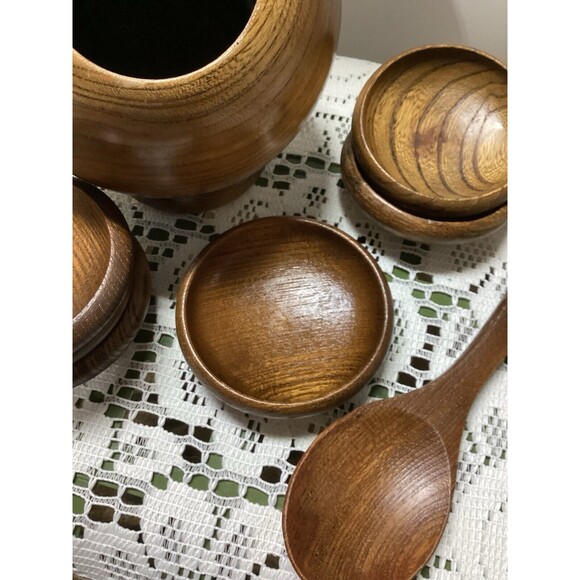Vintage Mid Century Modern Atomic Wood Orb Sphere Serving Bowl 6 Bowls & Spoon - Picture 3 of 11
